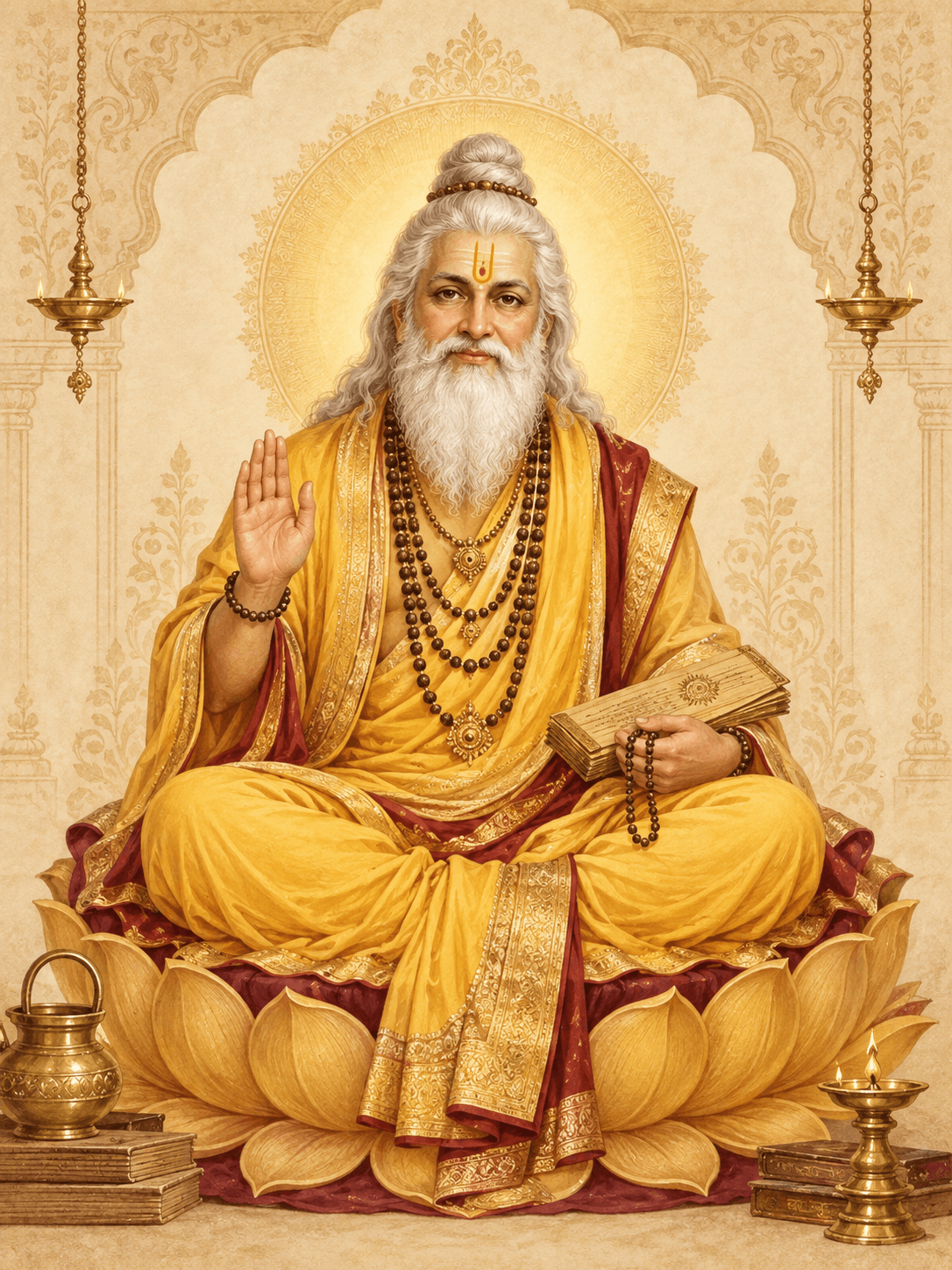 Brihaspati depicted as a sage in golden yellow robes, holding a sacred manuscript and prayer beads with a hand raised in blessing