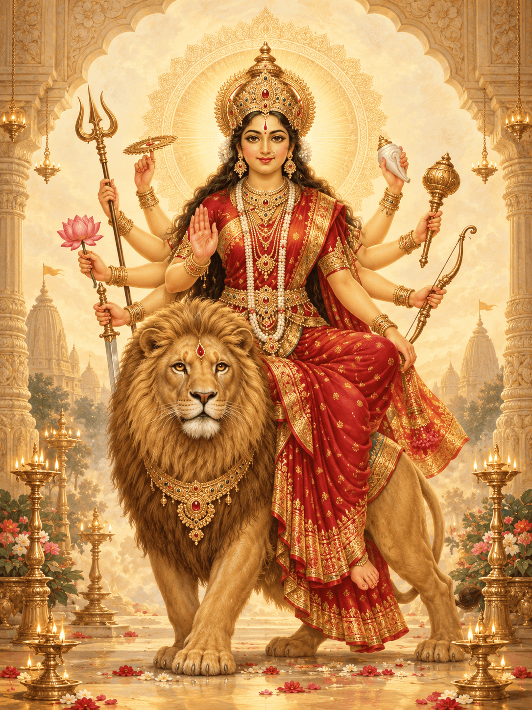 Maa Durga seated on a lion in a red and gold sari, with one hand raised in blessing