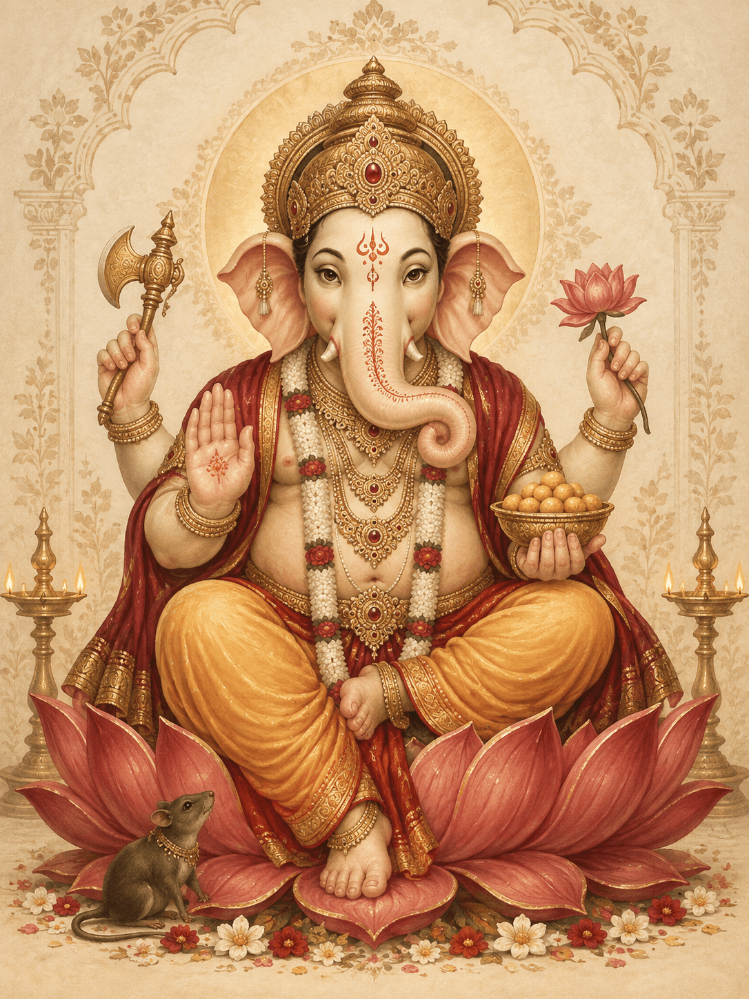 Lord Ganesha seated on a lotus with a golden crown and a hand raised in blessing
