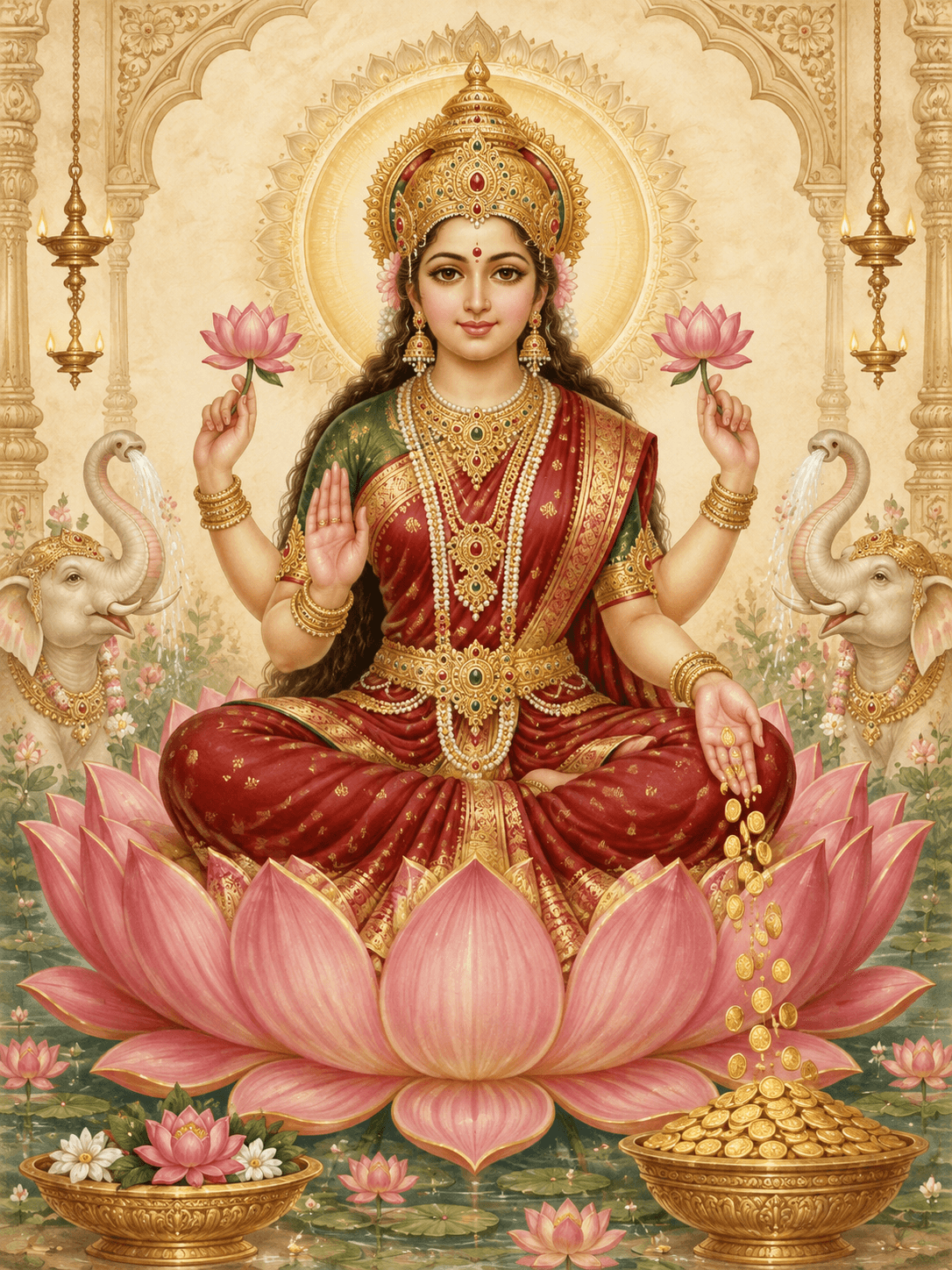 Goddess Lakshmi seated on a pink lotus in a red and gold sari, holding lotus flowers