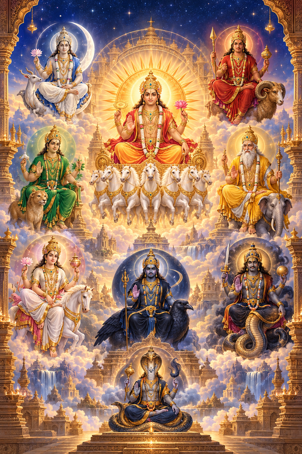 The nine Navagrahas arranged around Surya in a radiant celestial temple composition