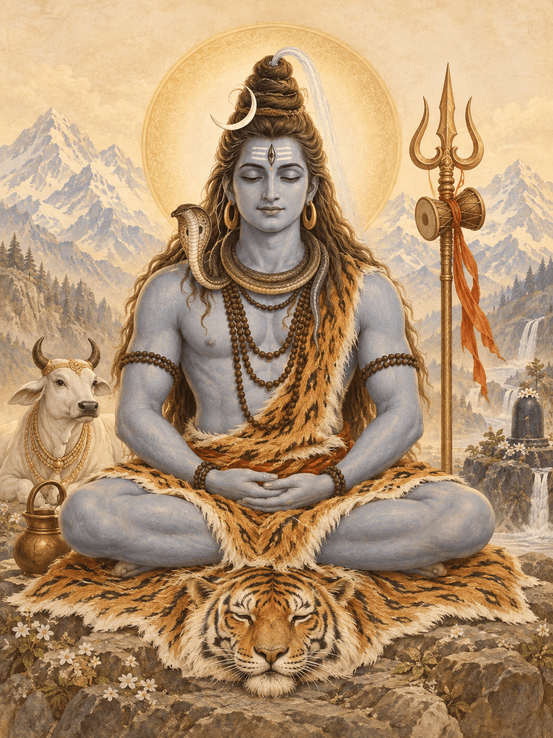 Lord Shiva seated in meditation with a crescent moon, rudraksha beads and a trident beside him
