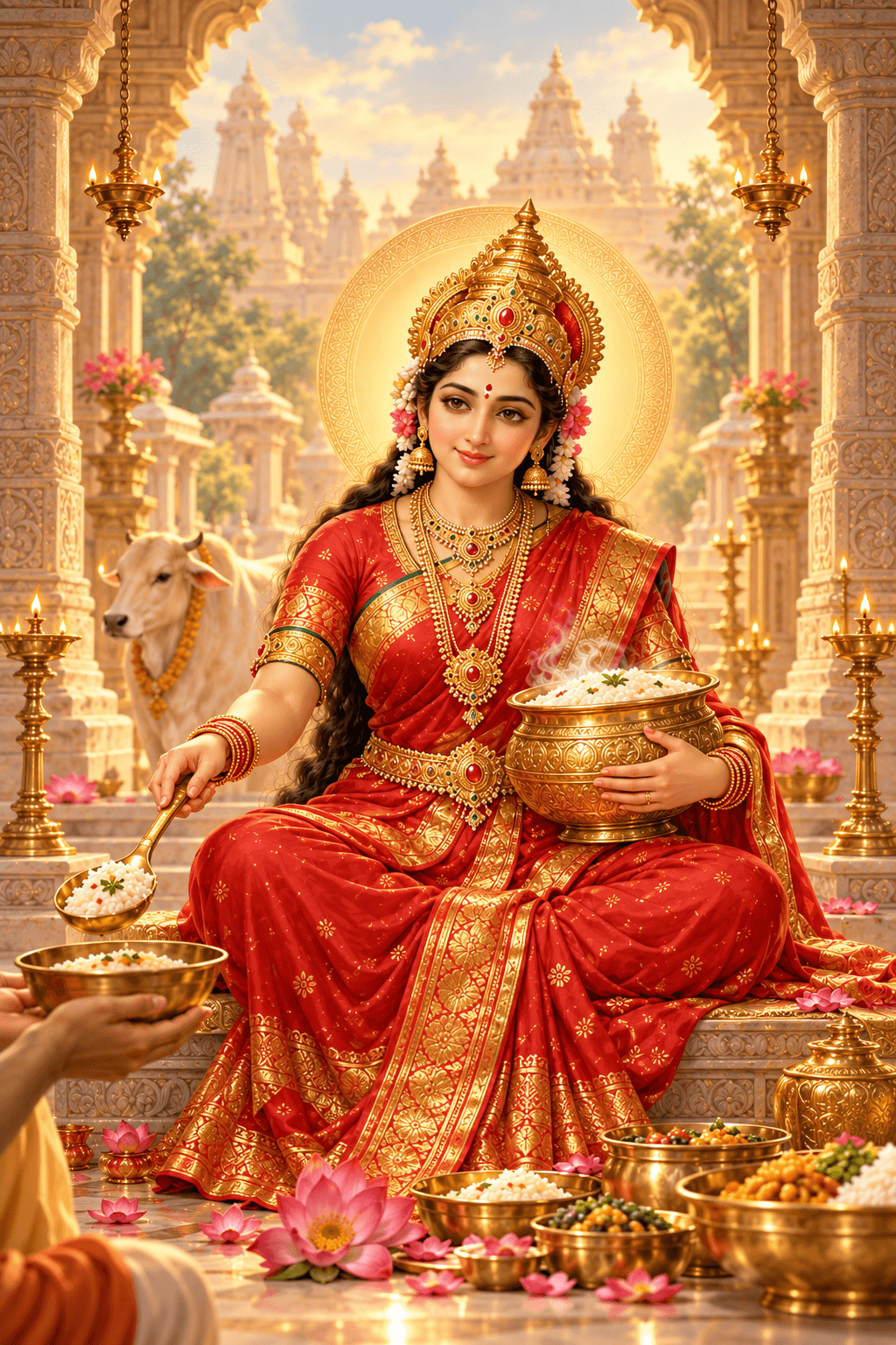 Lord Dhanvantari holding a vessel of amrita, healing herbs, a conch and a discus
