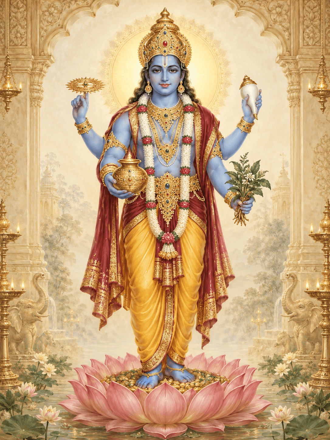 Lord Dhanvantari holding a vessel of amrita, healing herbs, a conch and a discus