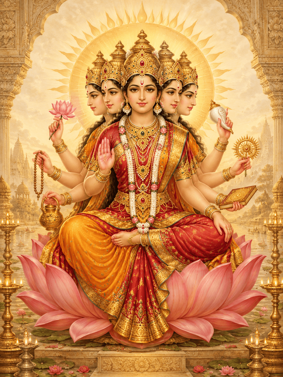 Goddess Gayatri in her traditional five-faced form, seated on a pink lotus with a radiant solar halo