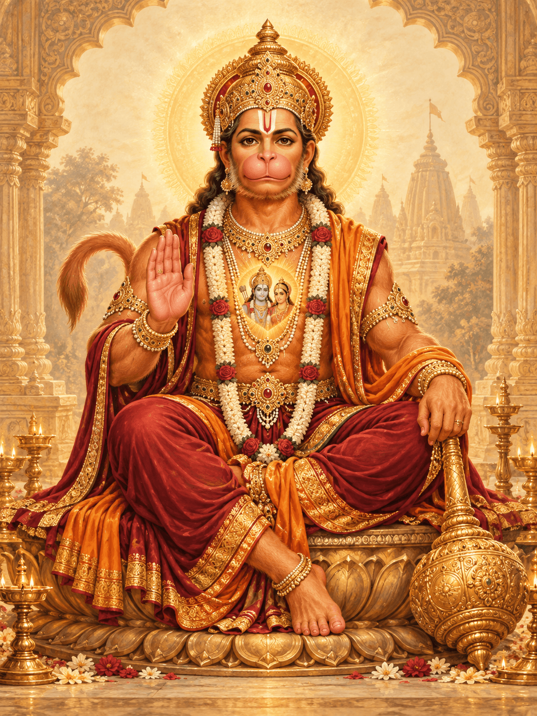 Lord Hanuman seated with one hand raised in blessing and a golden gada beside him