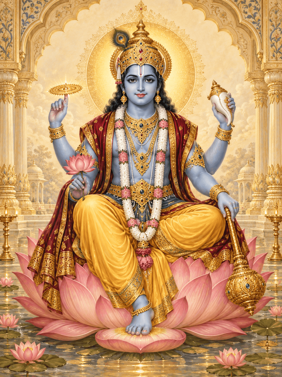 Lord Narayan seated on a pink lotus, holding a conch, discus, lotus and mace