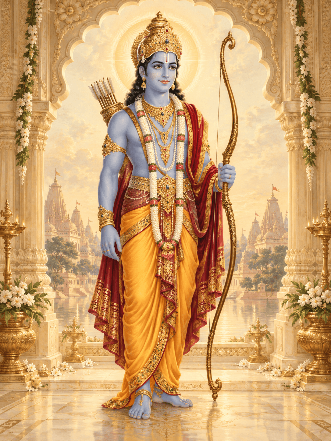 Lord Rama standing with a traditional bow, wearing a golden crown and saffron-yellow garments
