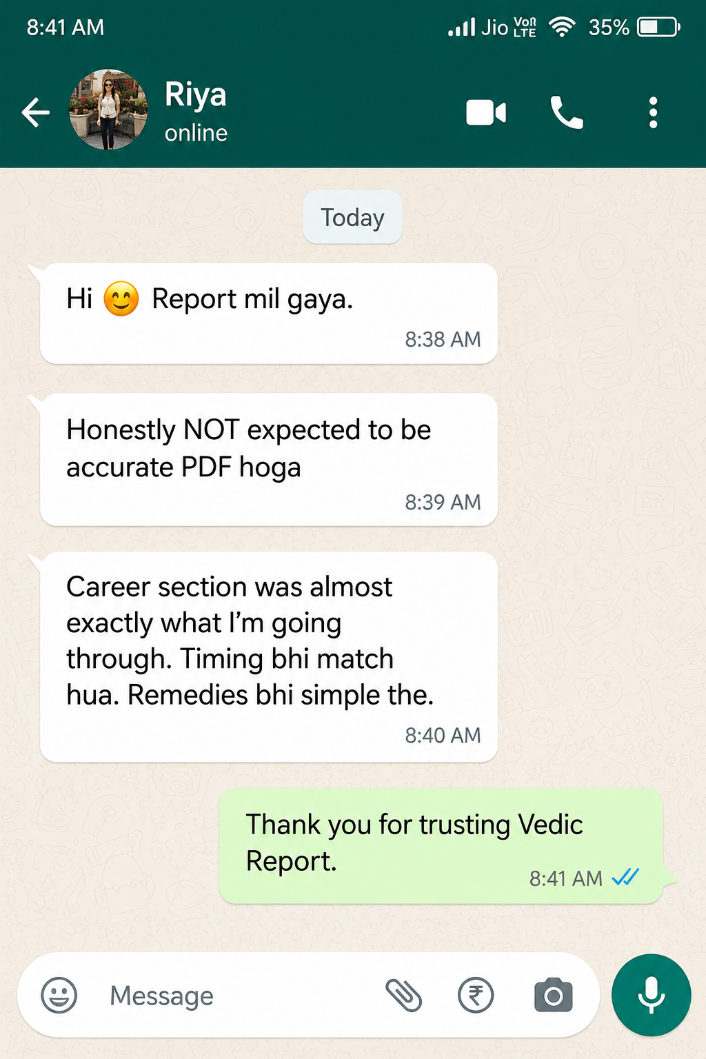 Customer testimonial from Riya
